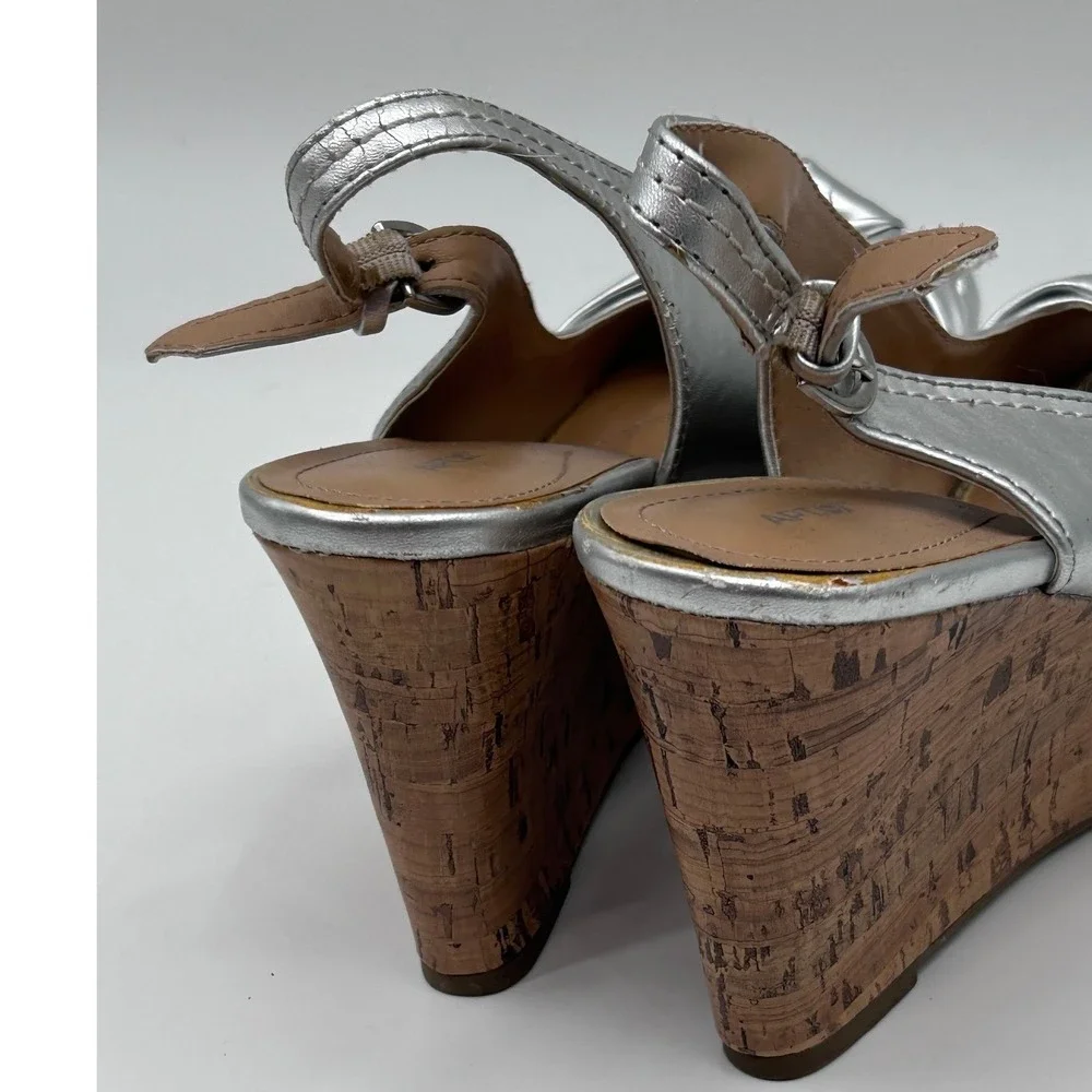 Apt. 9 Womens Silver Metallic Peep Toe Cork Wedge Slingback Sandals Size 9